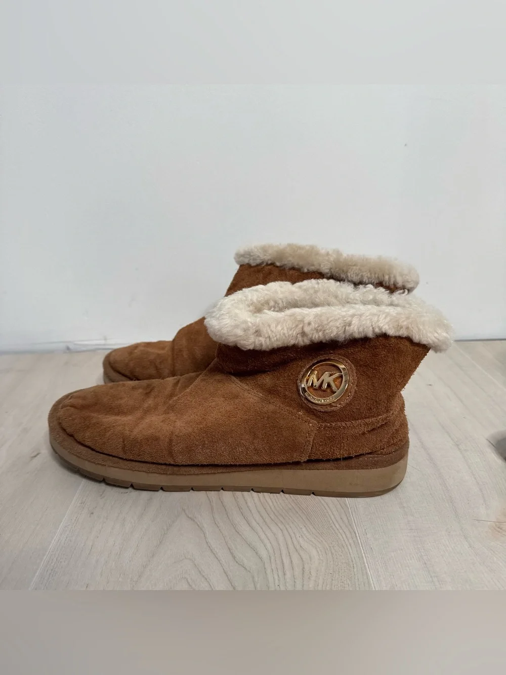 Michael Kors Chestnut Suede-Look Bootie with Cream Shearling and Gold Logo 9M